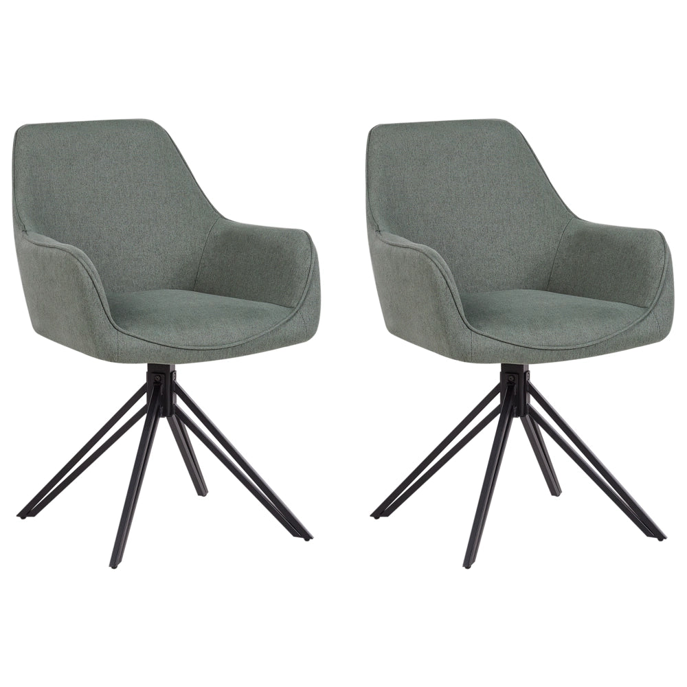 Set di 2 sedie da pranzo girevoli in tessuto verde scuro con braccioli e schienale in metallo nero con gambe in stile retrò
