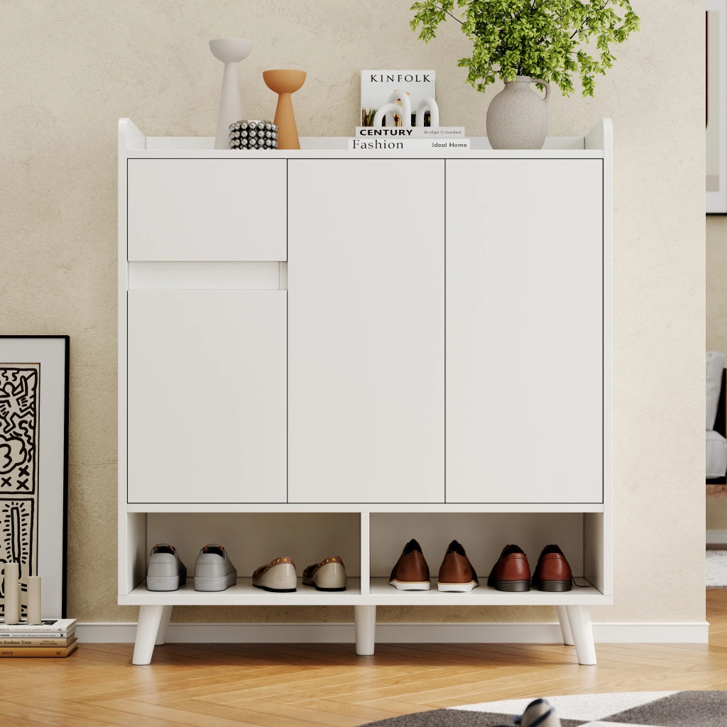 Mobile contenitore moderno con ripiani regolabili e gambe in legno massiccio, bianco, H99 x L90 x P35 cm
