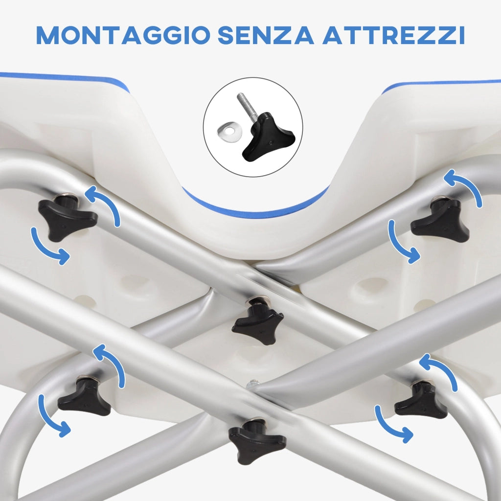 Sgabello da Doccia Regolabile in Altezza con Maniglione Seduta Imbottita a U e Piedini Antiscivolo Blu