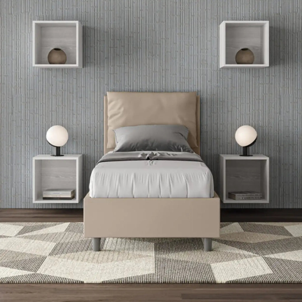 Letto singolo contenitore imbottito 80x210 similpelle tortora Antea