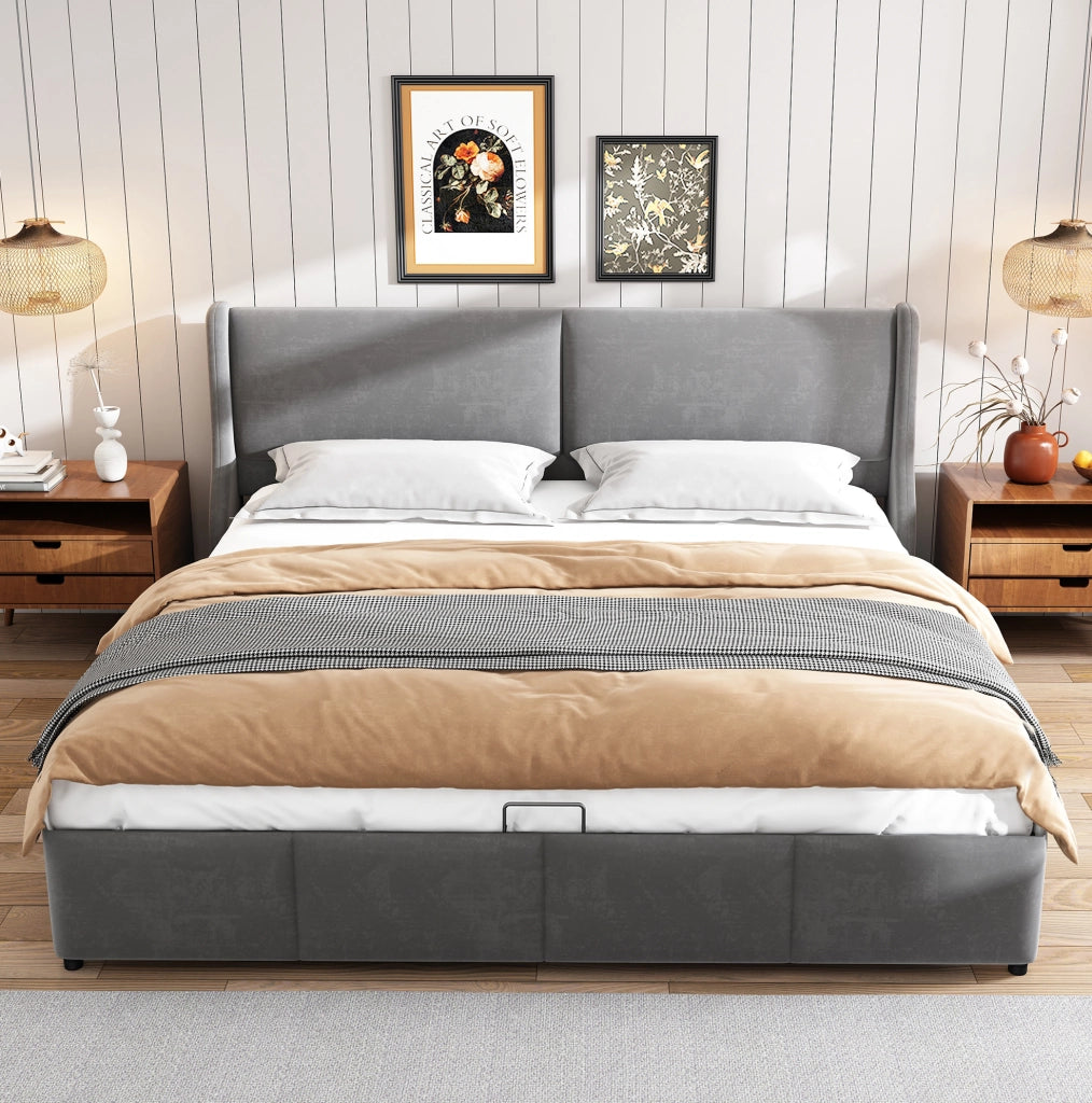 Letto matrimoniale imbottito 180x200 cm grigio con contenitore e rete a doghe