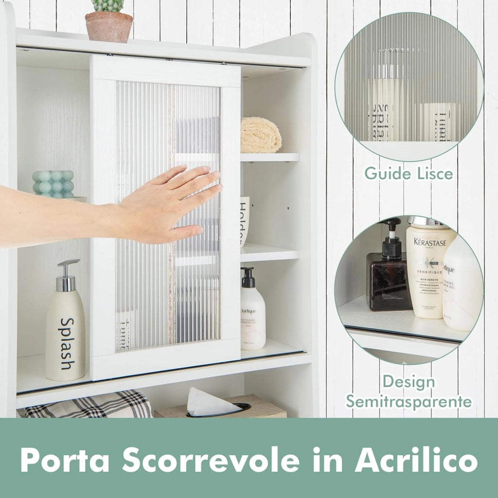 Mobiletto per Bagno, Armadio Sopra WC con Anta Scorrevole e Struttura Metallica, Scaffale Salvaspazio con Ripiani Regolabili per Bagno Lavanderia, 63x29x170 cm (Bianco)