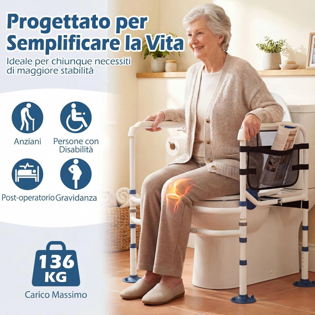 Supporto per WC per Anziani Portata 136 kg, Barra Bagno con Portarotolo e Tasca, Altezza e Lunghezza Regolabili, Corrimano di Sicurezza per WC per Disabili e Donne in Gravidanza