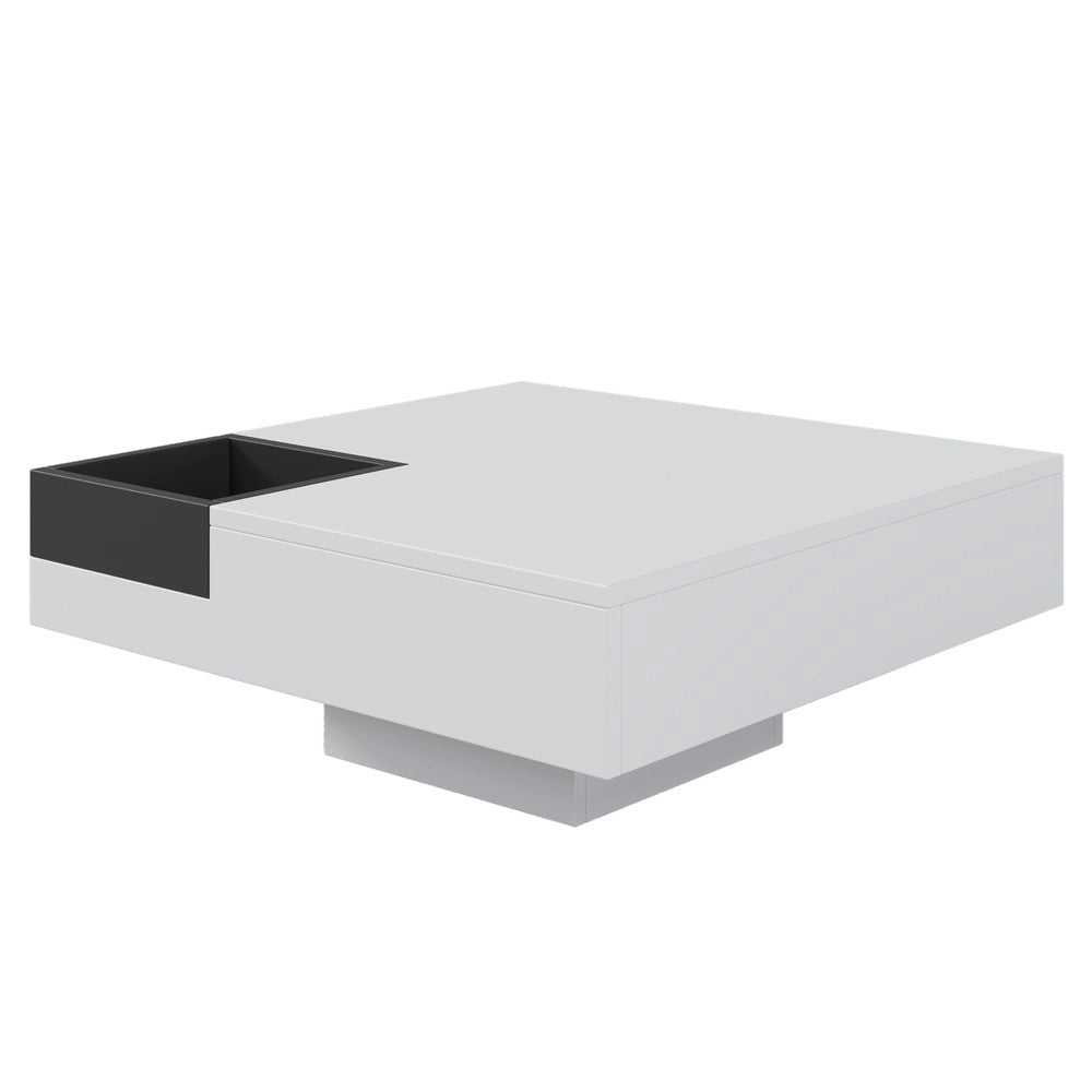 Tavolino da Salotto con LED e Box Contenitore ¨C MINIMAL ¨C Bianco e Nero Lucido, 72x72x30 cm