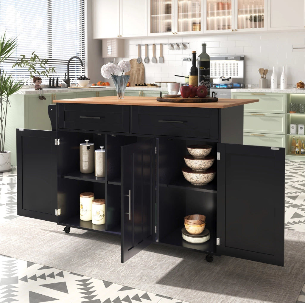 Isola da cucina mobile 129x71x91,5 cm con ripiani interni, 2 cassetti, piano ribaltabile e 5 ruote, colore nero