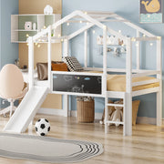 OKWISH Letto a Soppalco Bambini 90×200 cm, Letto Singolo con Scala di Sicurezza, Scivolo e Lavagna, senza Materasso, in Legno Massello, Bianco