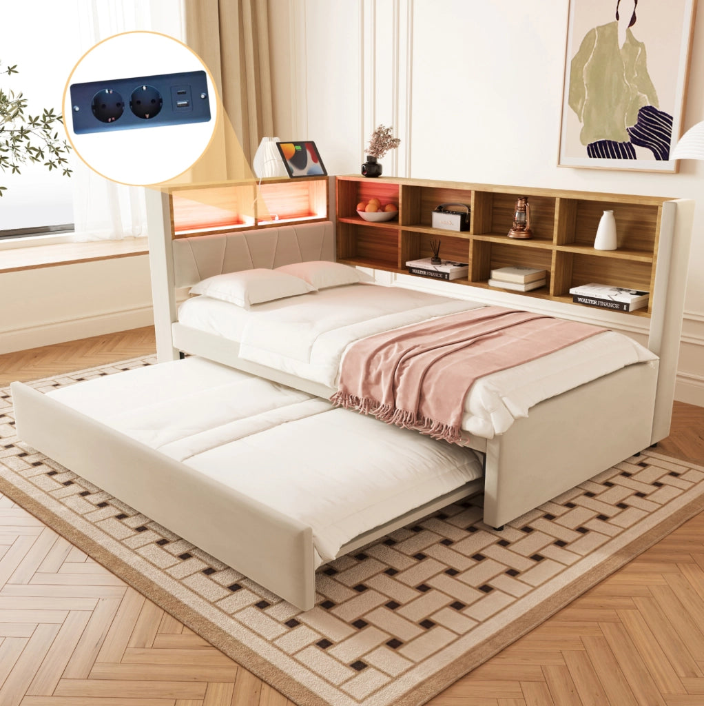 Divano letto multifunzione 90x200 cm con letto estraibile 90x190 cm; LED; USB; beige