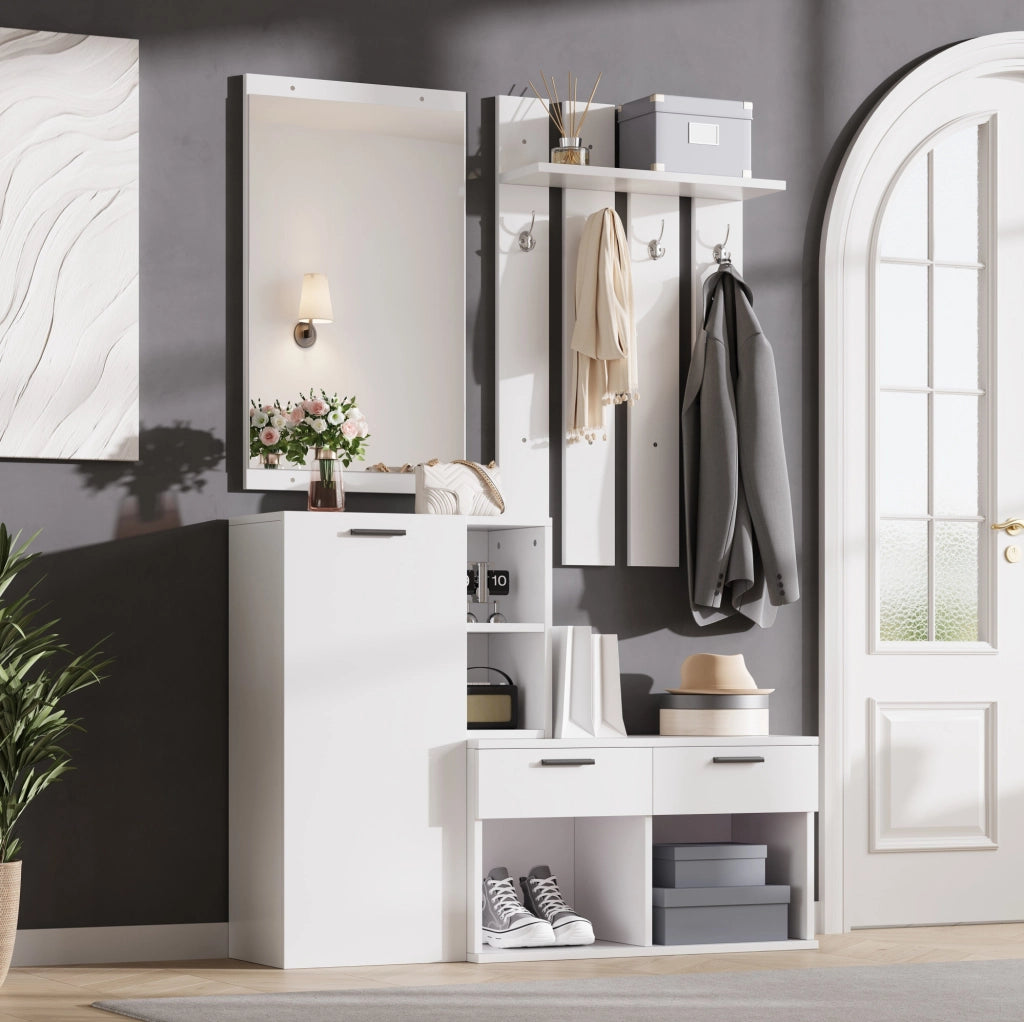Garderoba da ingresso 120x35x175.5 cm con specchio; 2 cassetti e 4 ganci in MDF bianco