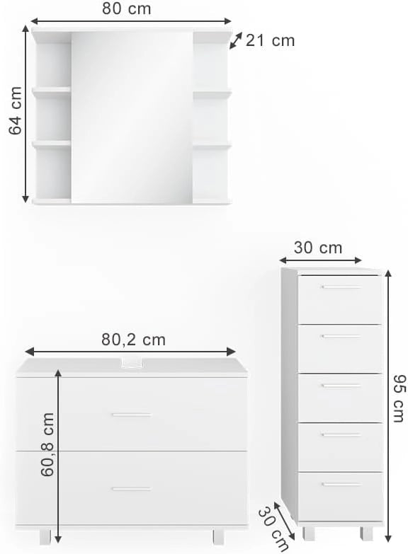 Set mobili bagno Ilias, Bianco, 80 cm, composto da mobile sottolavabo, specchiera e mobile medio