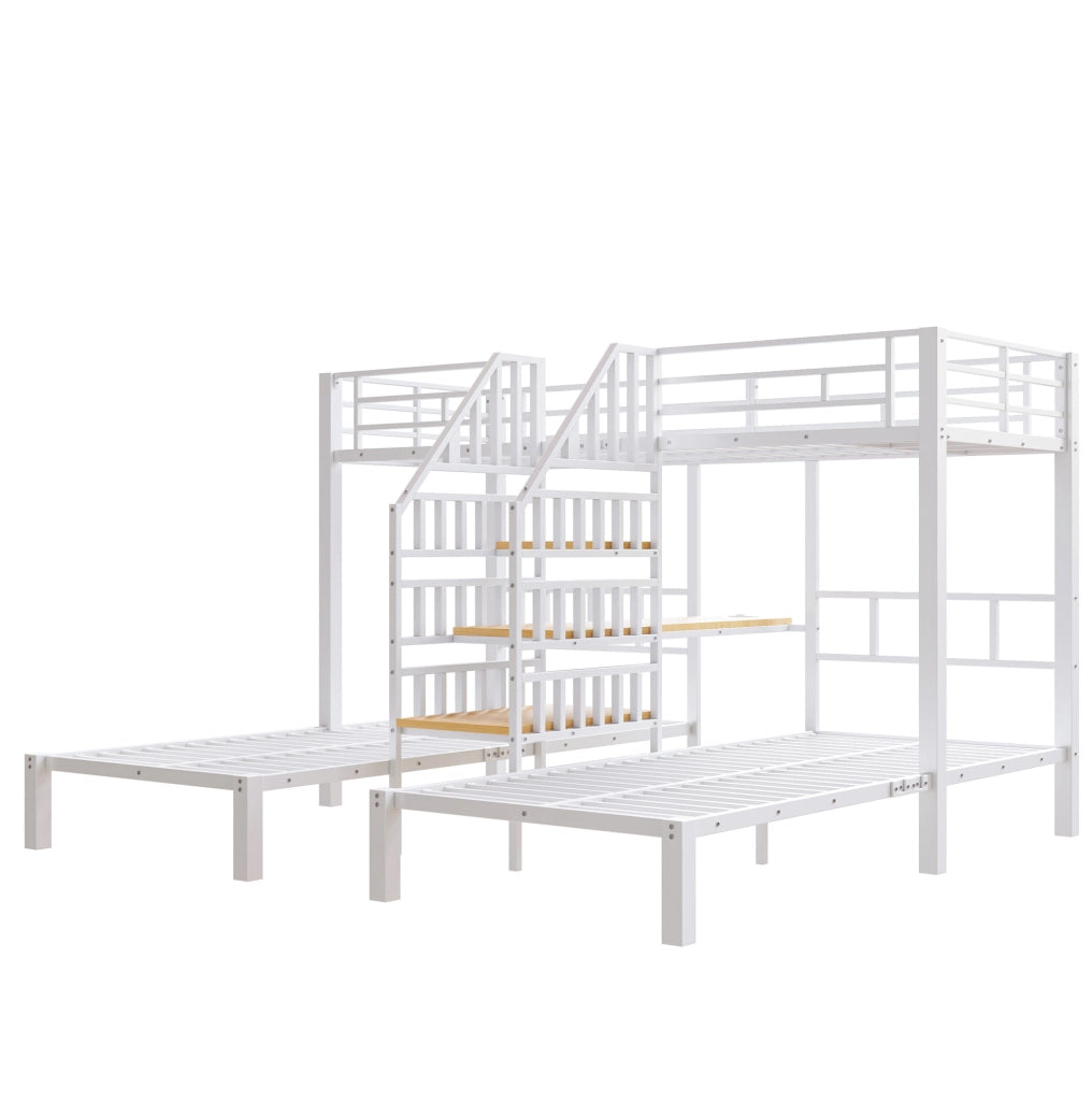 Letto a castello triplo 90x200 cm con LED; scrivania integrata; prese USB; bianco