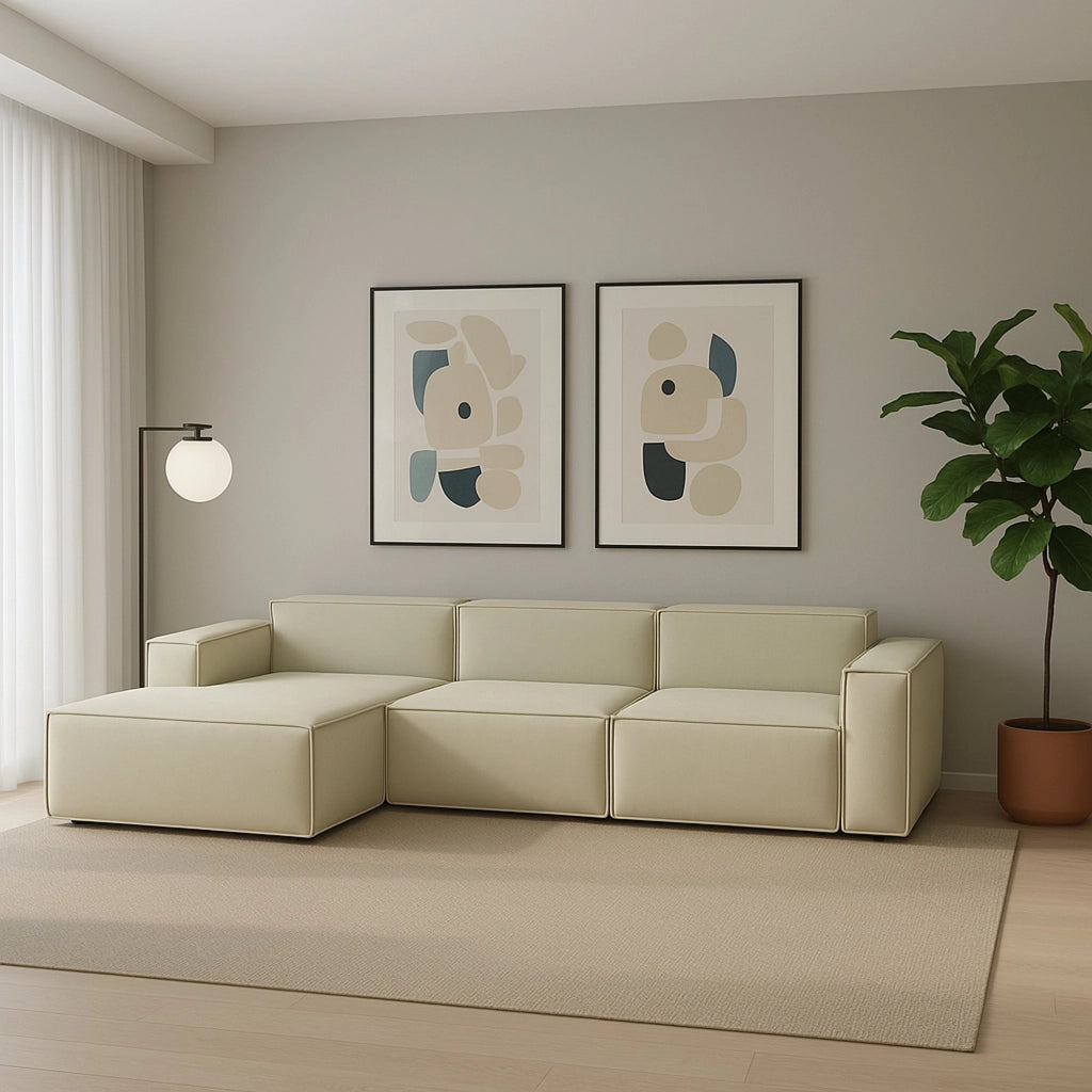 Divano fisso Alganibra, Divano componibile a 3 posti con penisola sinistra, Made in Italy, SofÒ  moderno in tessuto, Cm 300x170h70, Beige