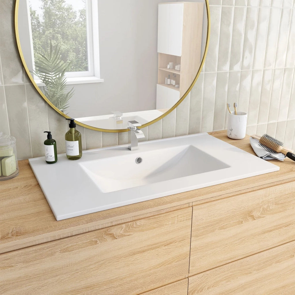 IDMarket - Lavabo rettangolare da incasso in ceramica bianca L. 81 x L. 46 x H. 17 cm
