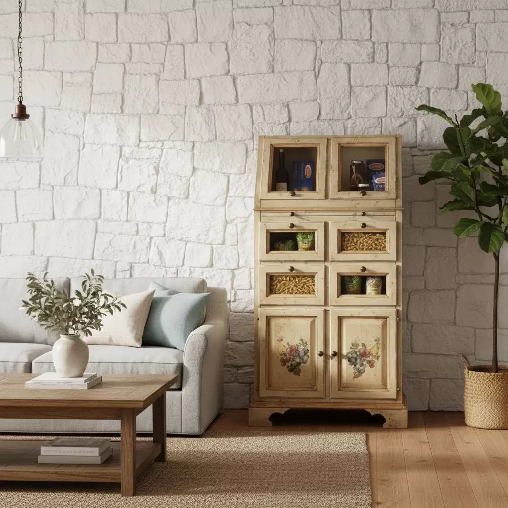 Dispensa shabby 2 ribalte, 2 porte e 4 cassetti legno decorata 82x44x153 (1447) - Mobili 2G