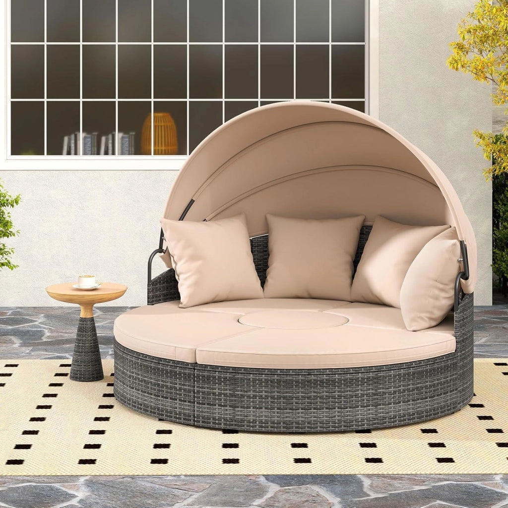 2 in 1 Isola Prendisole per 2 Persone da Giardino, Lettino Prendisole Rotondo in Rattan con Tettuccio Retrattile e Cuscini, Letto da Esterno per Relax e Festa, 172 x 180 x 141 cm (Beige)
