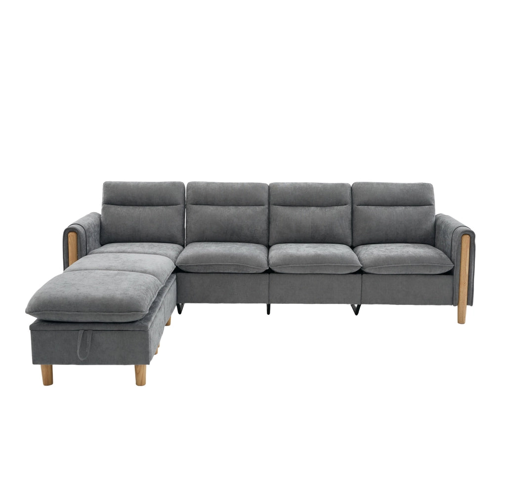 Divano modulare 4 posti con 2 pouf contenitore in ciniglia grigio chiaro HAVRYA
