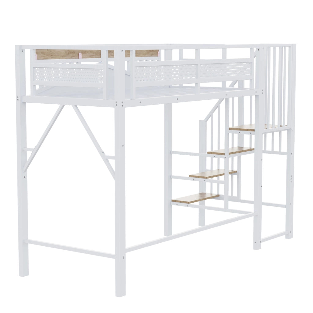Letto a soppalco 90x200 cm con scala di sicurezza; metallo e legno