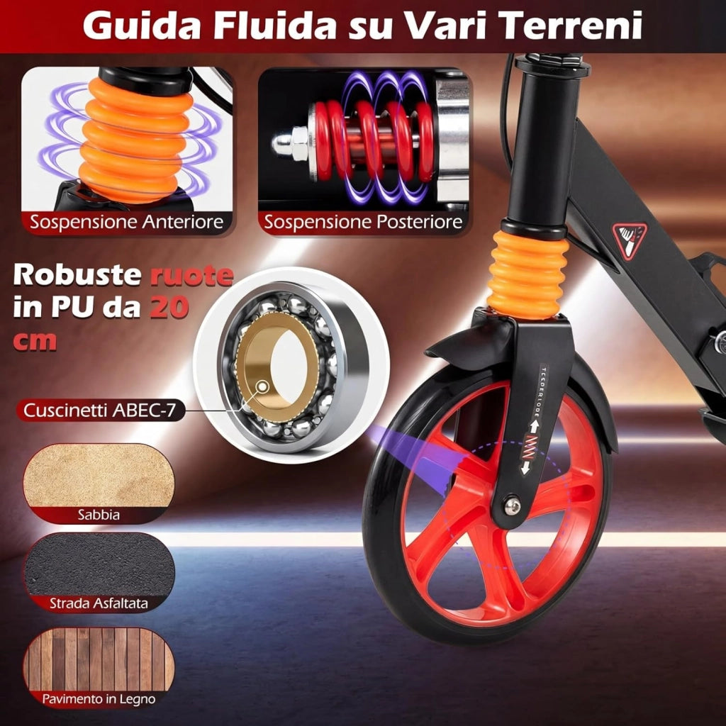 Monopattino Bambini e Adulti, Monopattino a Spinta Pieghevole e Regolabile in 3 Altezze, Monopattino Portatile con 2 Ruote, Cavalletto, Freno e Pedale Antiscivolo, Portata 100 kg