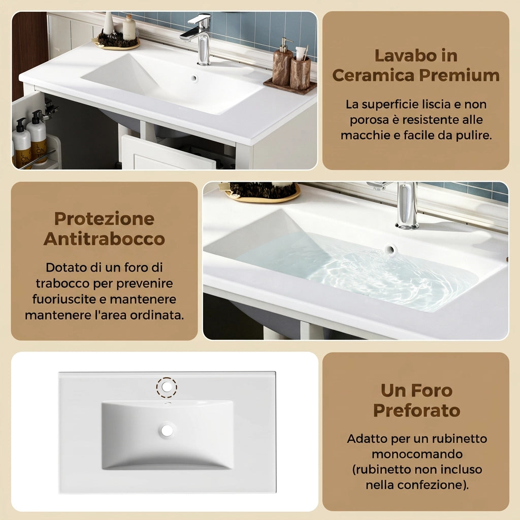 Mobile bagno a terra 81 cm con lavabo e 3 cassetti; in MDF e ceramica; bianco lucido