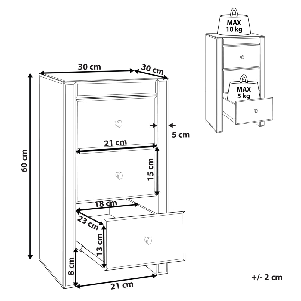 Cassettiera Comodino 3 Cassetti Vetro Specchiato Argento 60 x 30 x 30 cm Glam