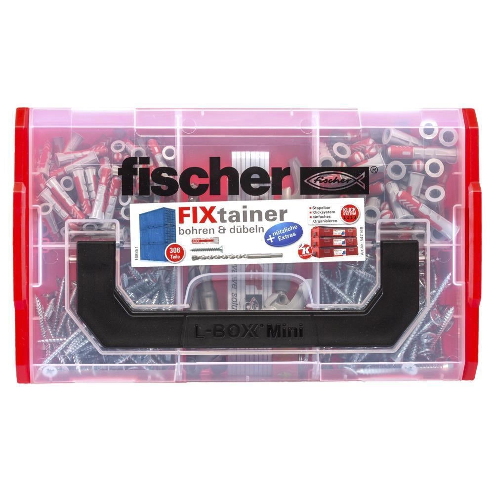 Fischer 547166 FIXtainer Set per Forare e Tassellare 306 Pezzi con Tasselli DUOPOWER Viti e Accessori colore Grigio Chiaro-Rosso