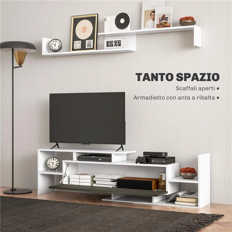 MOBILE TV CON MENSOLA A MURO RIPIANI APERTI E ARMADIETTO IN LEGNO BIANCO E NERO