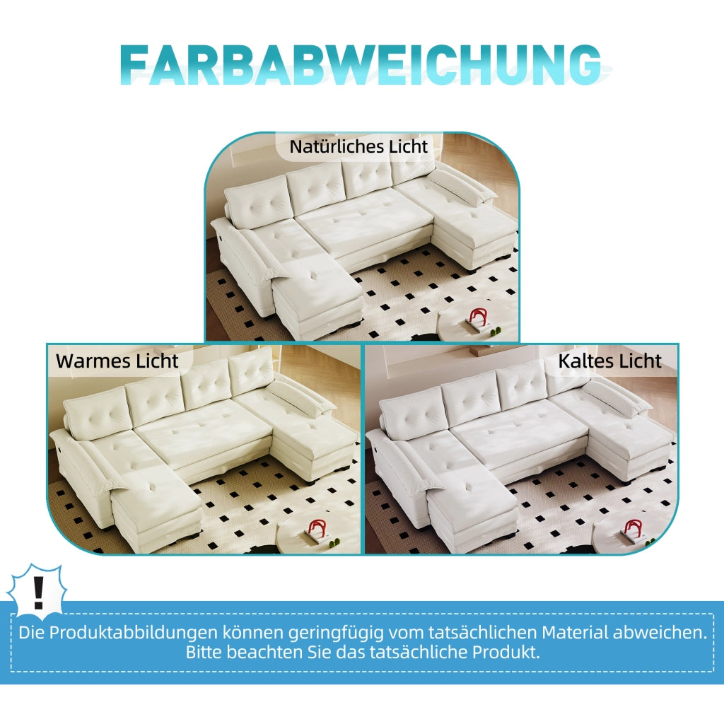 Divano panoramico a U modulare con letto estraibile, USB e cuscini removibili in ciniglia beige, 278 × 127 × 87 cm