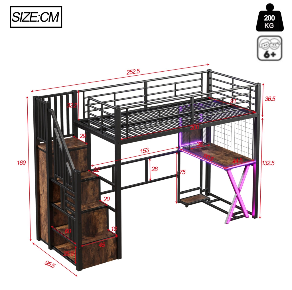 Letto a soppalco 90x200 cm con scrivania; armadio; scala contenitore e LED; nero