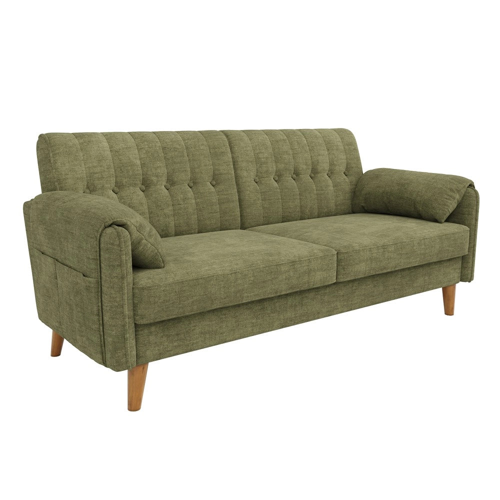 Divano 2 posti ¨C Minimal ¨C Verde tessuto imbottito gambe legno massello con braccioli e cuscini