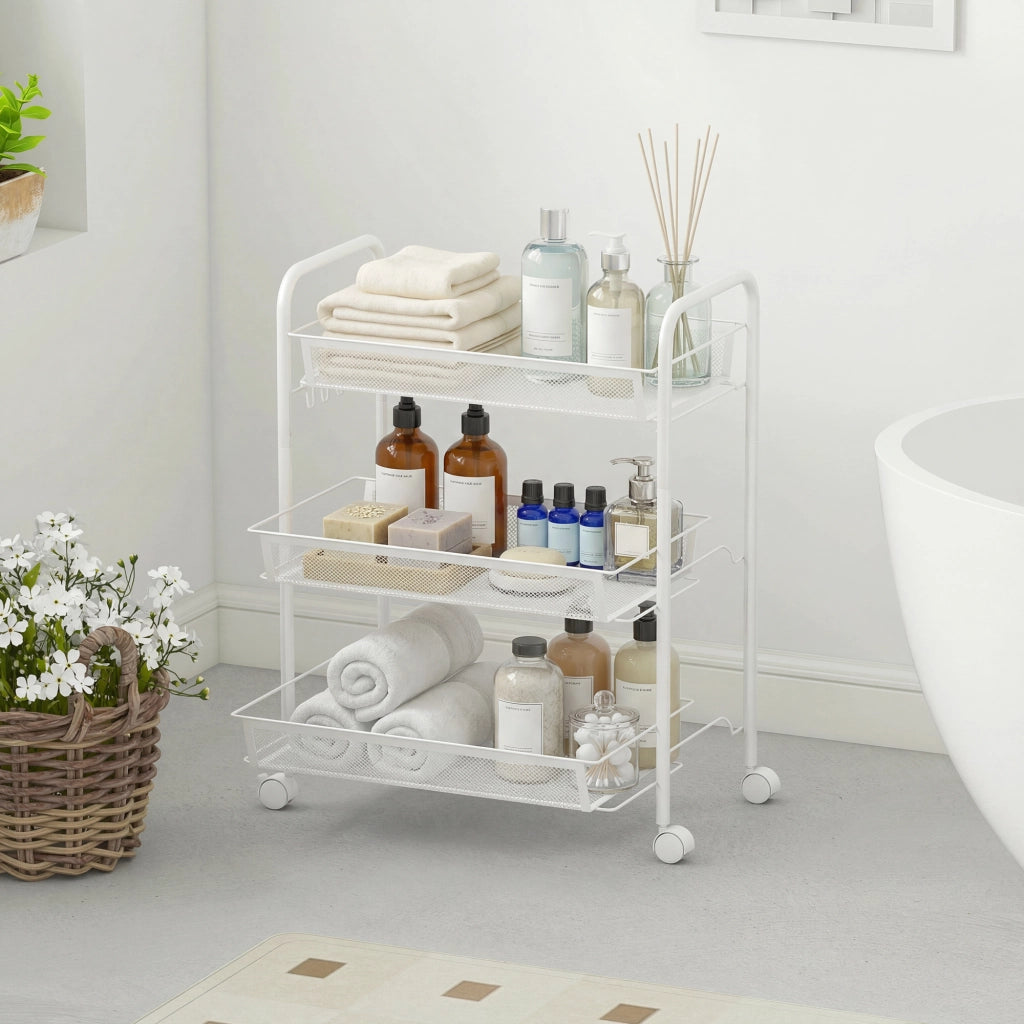 Carrello a 3 livelli con cesti ¨C zephmum ¨C bianco 45x26.5x63 cm