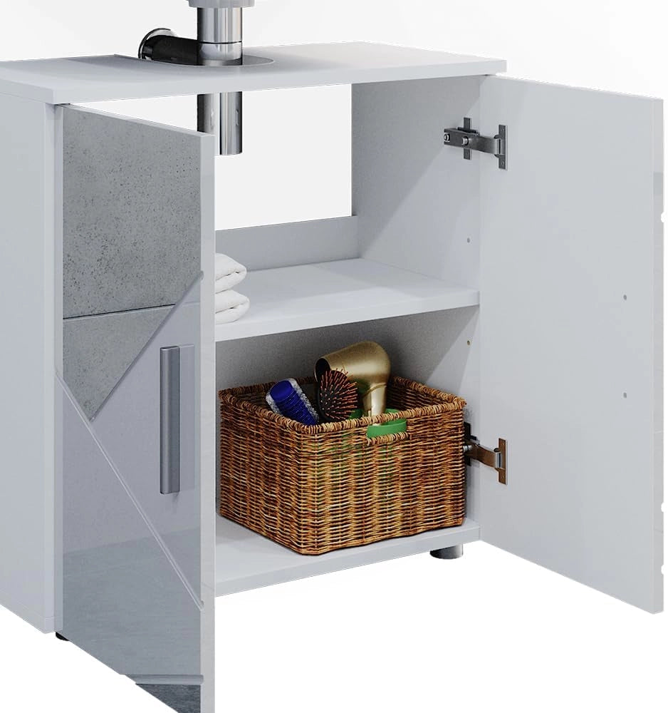 Set mobili bagno Irma, Bianco lucido con inserti, 80 cm, composto da mobile lavabo, pensile a specchio, colonna e base media