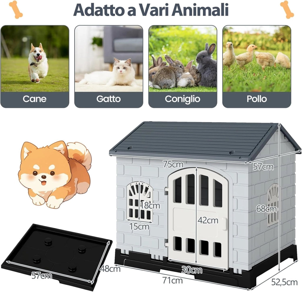 Cuccia per Cani da Esterno ed Interno, Casetta Impermeabile e Ventilata con Vassoio Toilette Rimovibile, Porta Bloccabile, 3 Finestre e Tetto a Pendenza, per Cani di Piccoli e Gatti (Grigio)