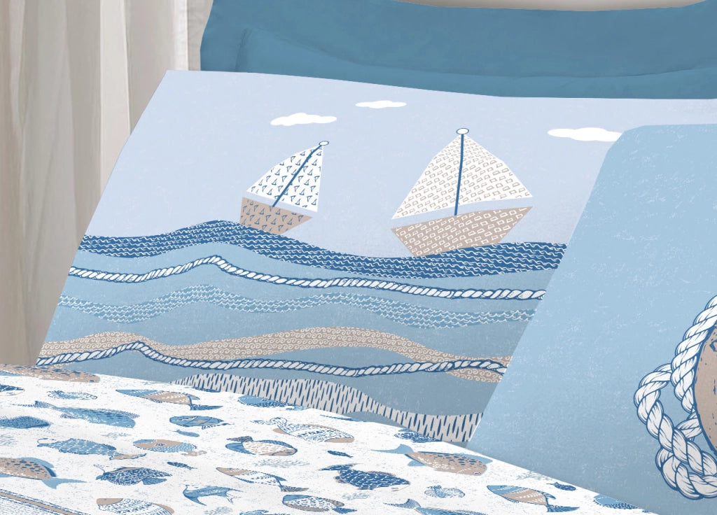 Completo Lenzuola Letto Pensieri Delicati 100% Cotone Disegno Oceano - Piazza E Mezza - Bianco