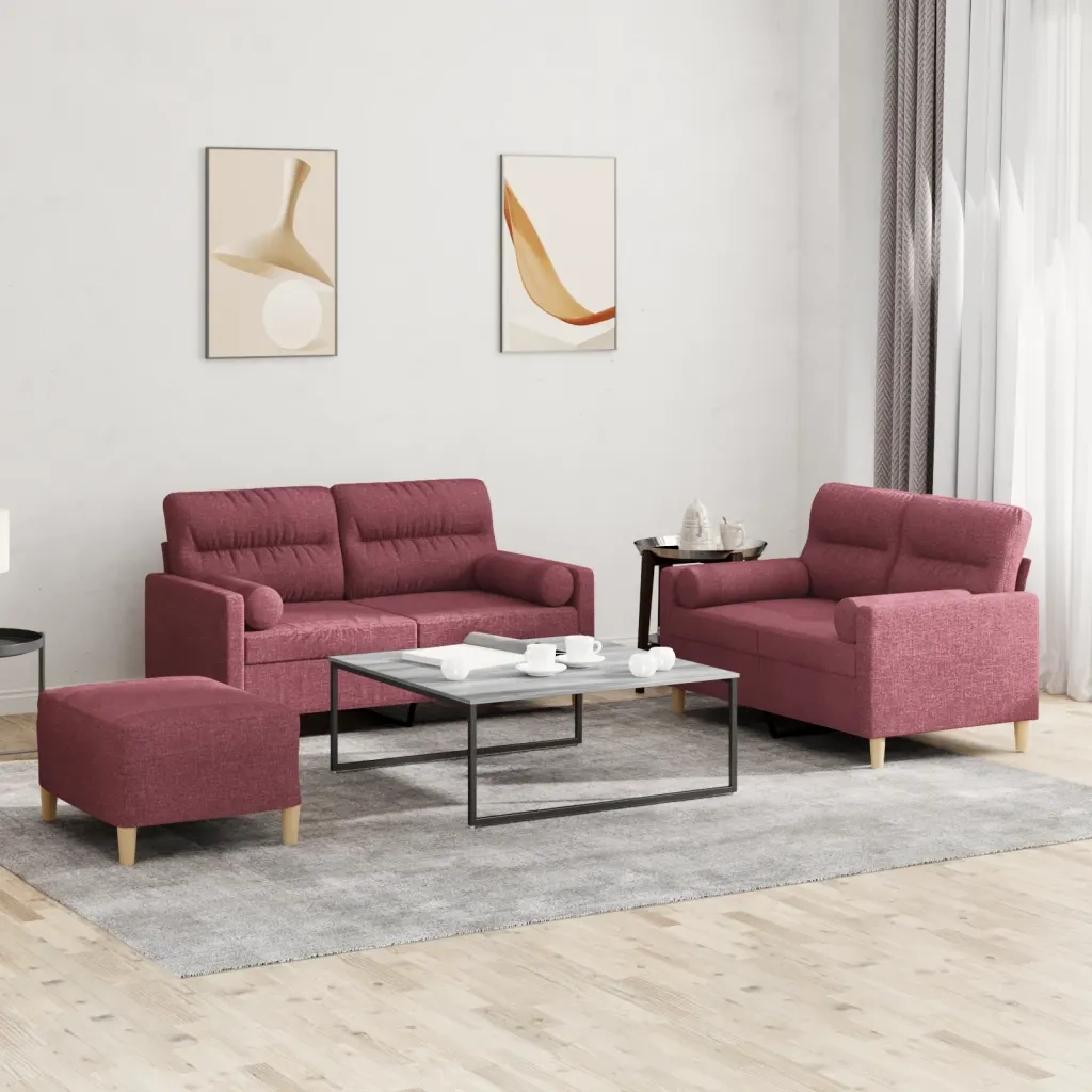 Set di Divani 3 pz con Cuscini Rosso Vino in Tessuto 3201598