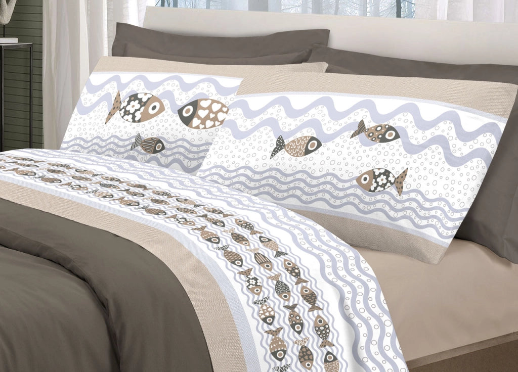 Completo Lenzuola Linea Pensieri Delicati 100% Cotone Disegno Pesciolini - Matrimoniale - Beige