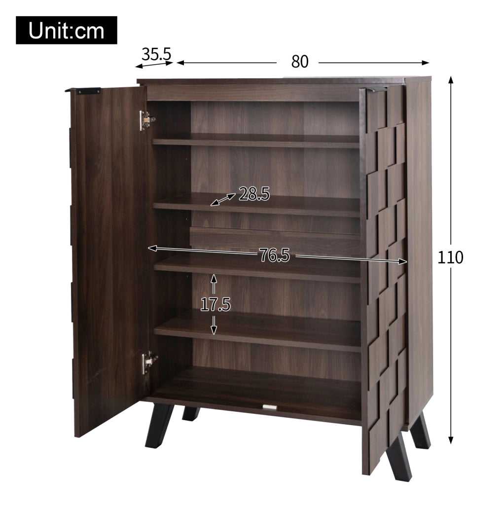 Armadio portascarpe moderno 80 x 35;5 x 110 cm in truciolare effetto legno scuro; con ripiani regolabili