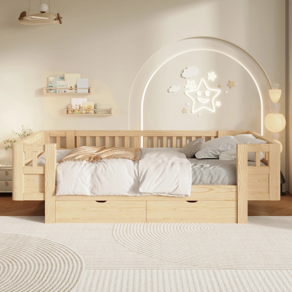 Letto a piattaforma con spondale di sicurezza e due cassetti, in legno, colore legno, per cameretta, 90 × 200 cm