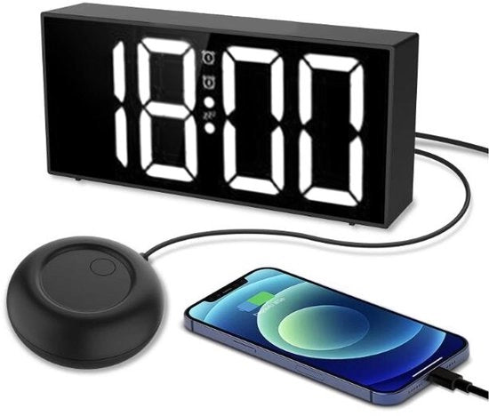 Alarme con Funzione di Vibrazione - 3 Modalità di Allarme - Display LED grande 7,4 Pollici - Design a Specchio - Regolazione di Brillantezza Adattabile - Adatto per Persone con Problemi di Ascolto - Alarme Vibrante