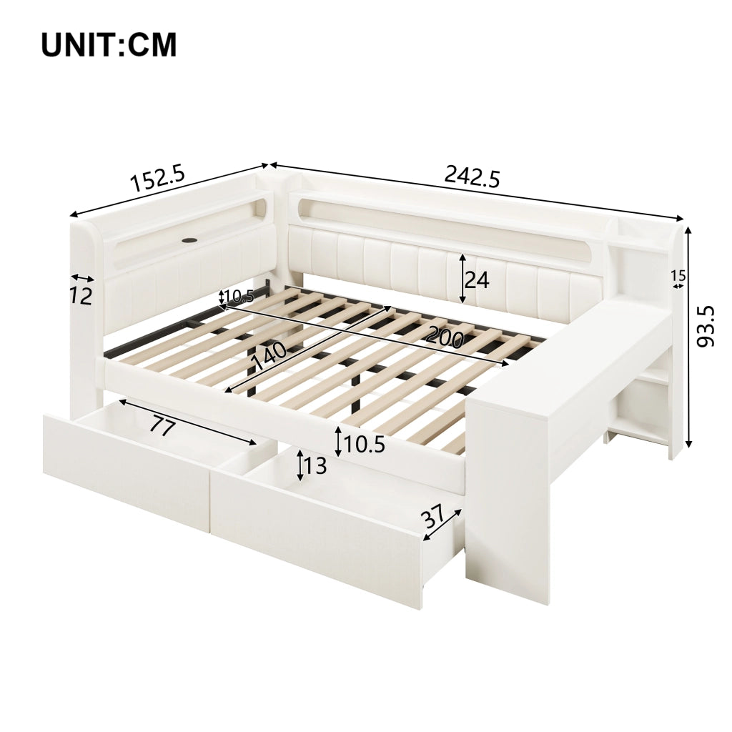LETTO GIORNO 140x200 cm Bianco con scrivania, 2 cassetti, USB e LED