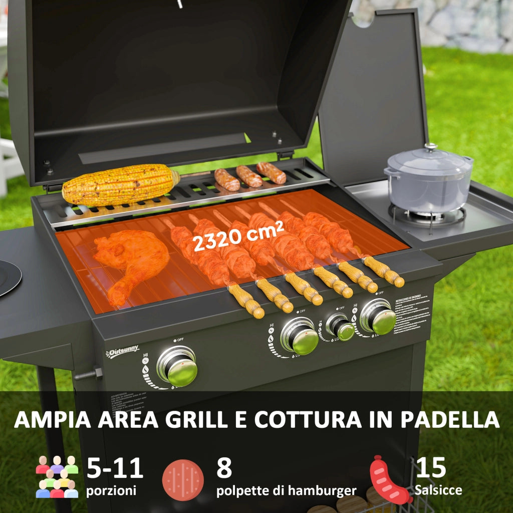 Barbecue a Gas con Bruciatori Indipendenti, Coperchio con Termometro e Tavolino Laterale, Nero