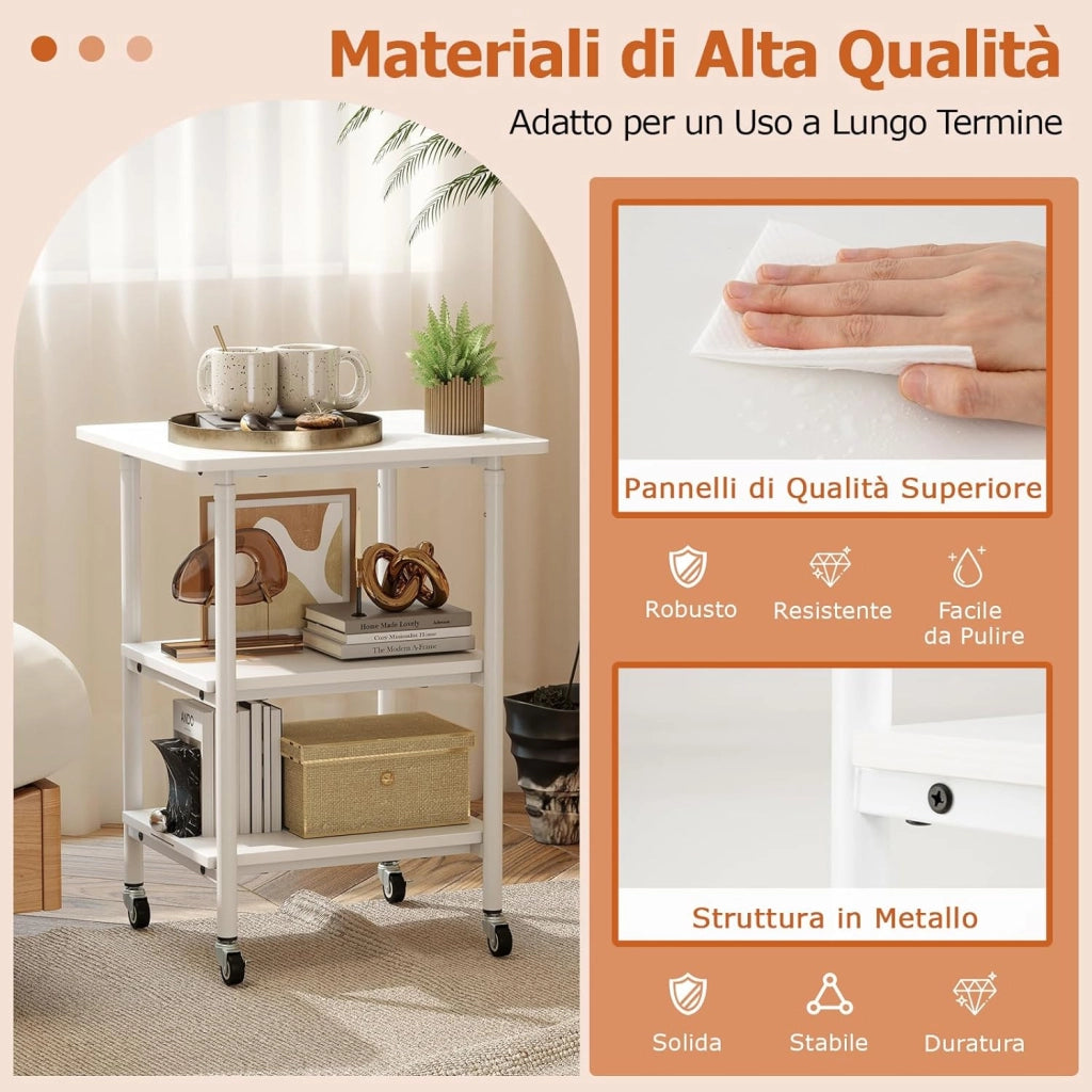 Supporto per Stampante, Carrello Stampante a 3 Livelli con Ripiani di Stoccaggio e Ruote con Blocco, Altezza Regolabile, per Stampante 3D Scanner Fax, 49 x 40 x 65/77 cm (Bianco)