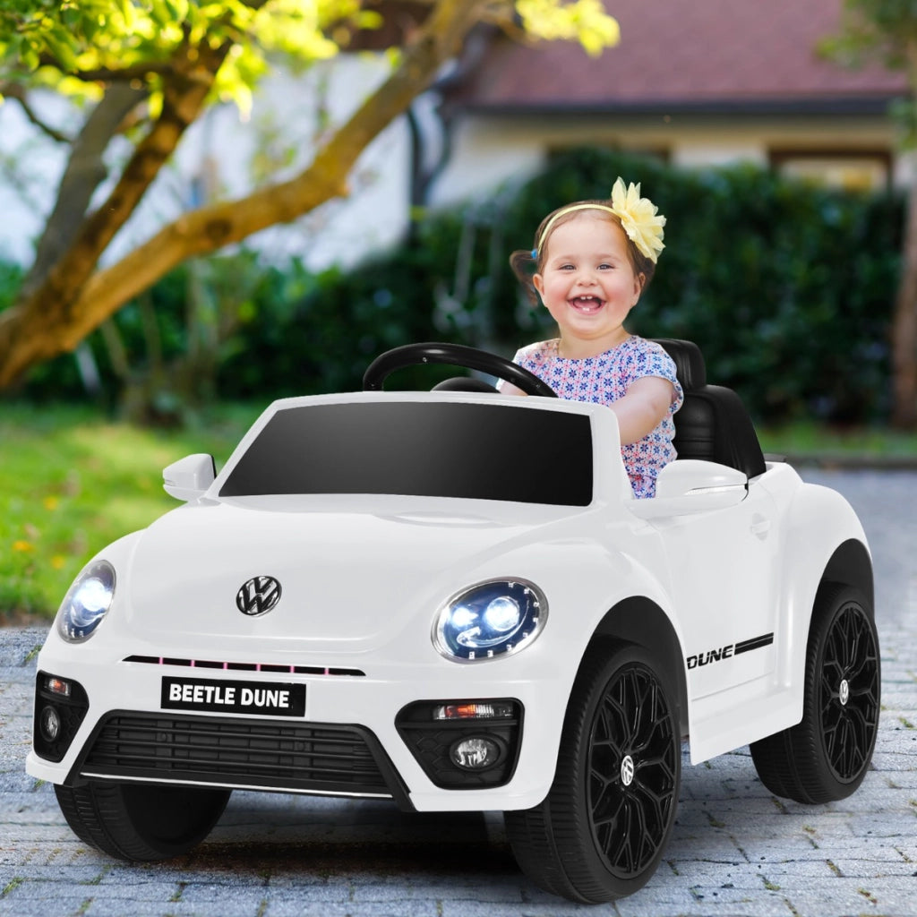 Maggiolino per bambini elettrico con telecomando luci sedile accogliente, Giocattolo realistico cavalcabile Bianco-Macchinine giocattoli
