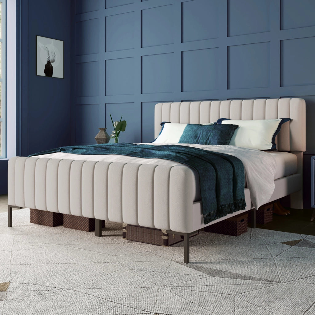OKWISH Letto Imbottito 140×200 cm, Letto Matrimoniale con Testiera Regolabile in Altezza e Doghe, senza Materasso, in Lino, Grigio Beige