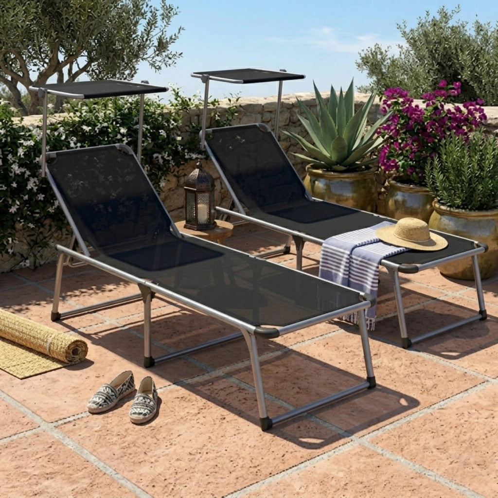 Coppia Di Lettini Pieghevole Prendisole Con Tettuccio Parasole Schienale Reclinabile Regolabile 6 Posizioni Struttura In Alluminio Sedia Sdraio Mare Spiaggia Giardino Piscina Relax 187 x 59 x 29 Cm (Nero)