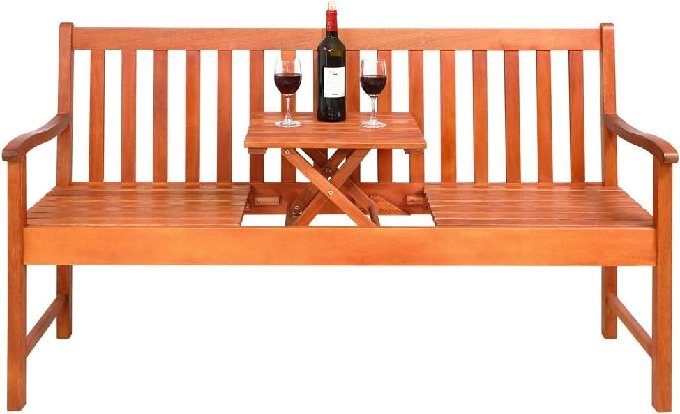 Panca da Giardino Resistente Incl. Tavolo Pieghevole in Legno di Eucalipto FSC® 153x57x90cm Panchina 3 Posti