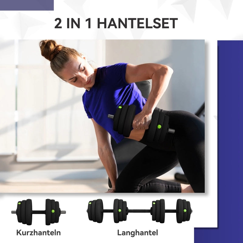 Set di manubri 2 in 1, bilanciere e manubrio, 25 kg, antiscivolo, adatto a pavimenti, nero/verde