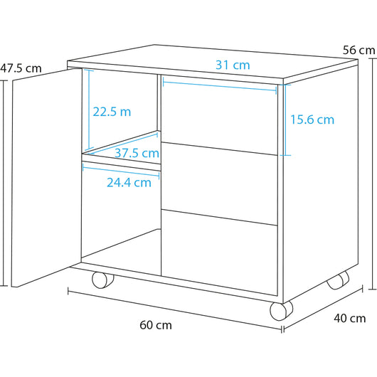 Cassettiera Mobile Ufficio Porta Stampante Salvaspazio 60x40x56 cm con Ruote Rivestimento in Melamina Bianco