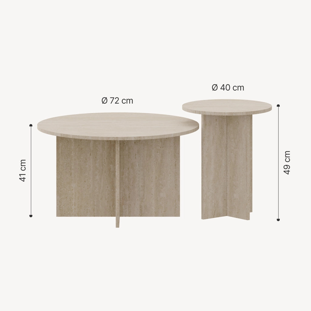 Set di 2 Tavolini Rotondi Verummetka con Basi Incrociate - color Avorio Travertin [en.casa]