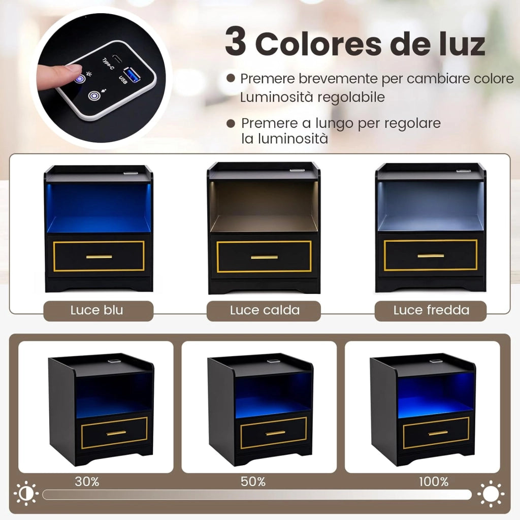 Comodino con LED, Comodino Intelligente con 2 Porte USB, Ripiano Aperto e Cassetto, Luci a Colori Variabili, Bianco, 45 x 40 x 50 cm (1, Nero)