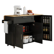 Carrello Isola da Cucina 132;5x44/70x90 cm Nero con Piano Ribaltabile; Armadietti e 5 Ruote