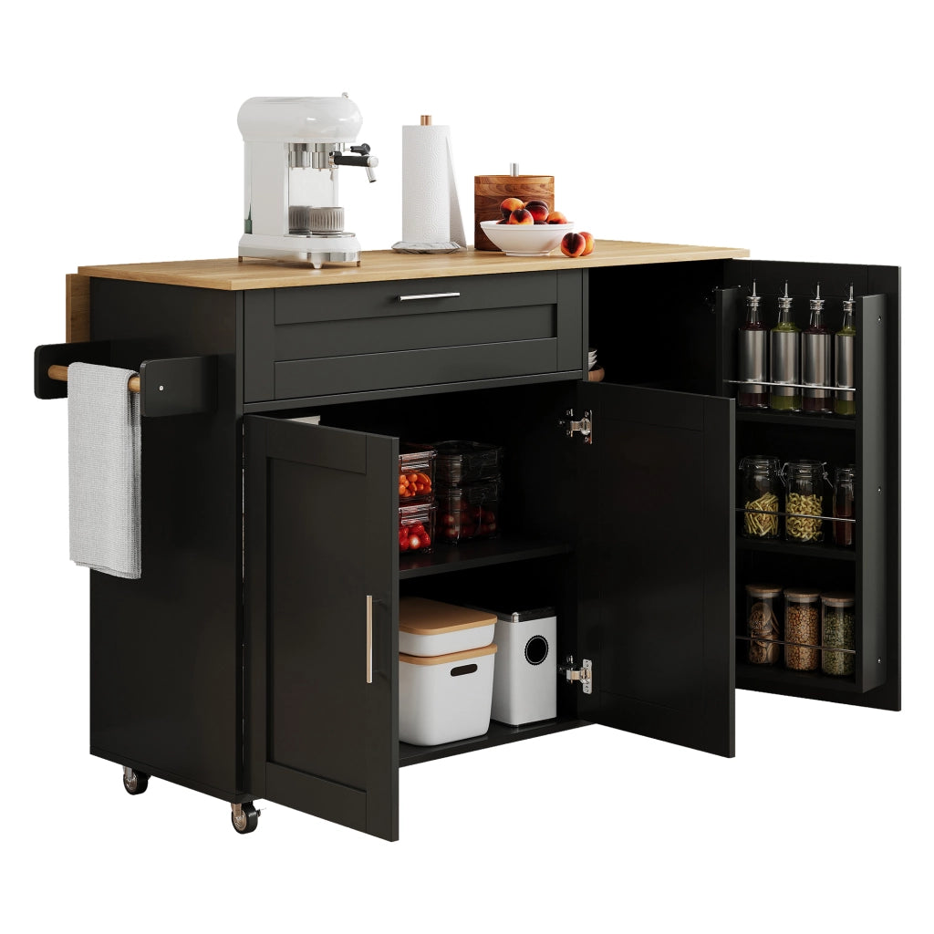 Carrello Isola da Cucina 132;5x44/70x90 cm Nero con Piano Ribaltabile; Armadietti e 5 Ruote